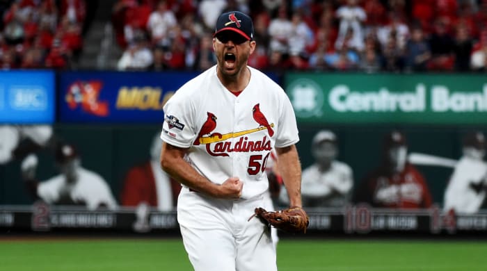 Oct 6, 2019; St. Louis, MO, USA; St. Louis Cardinals pitcher Adam Wainwright (50) reacts after the sixth inning in game three of the 2019 NLDS playoff baseball series against the Atlanta Braves at Busch Stadium. Mandatory Credit: Joe Puetz-USA TODAY Sports